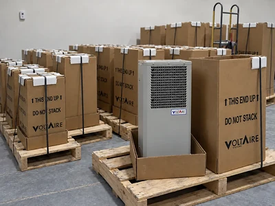 A VoltAire enclosure air conditioner in an open carton beside palletized VoltAire boxes